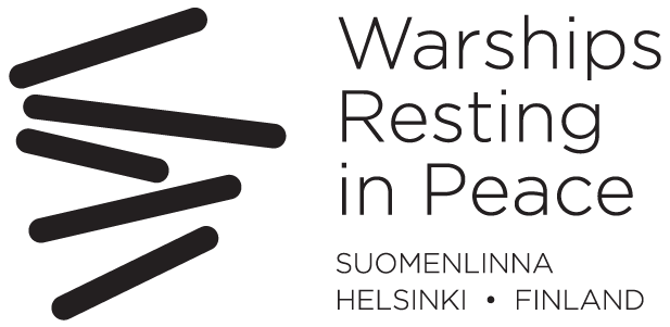 Vaakasuorilla viivoilla toteutettu abstrakti kuvaus hylystä ja teksti: "Warships resting in peace, Suomenlinna, Helsinki, Finland".